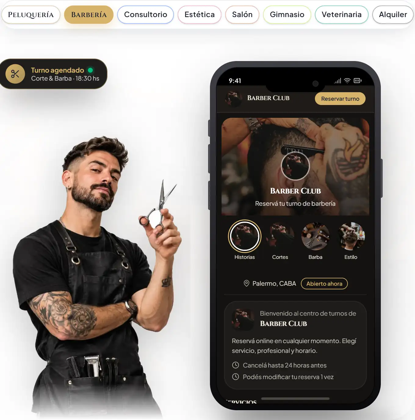 Vista previa de la página de reservas de Turno+ para barberías
